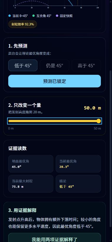 图 2 发射点升高后页面给出最优角和最大射程证据